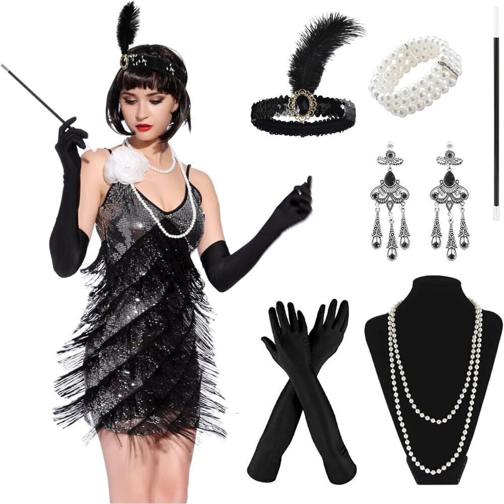 1920s Flapper Costume Accessories Set Headband Gloves Earrings Pearl Necklace